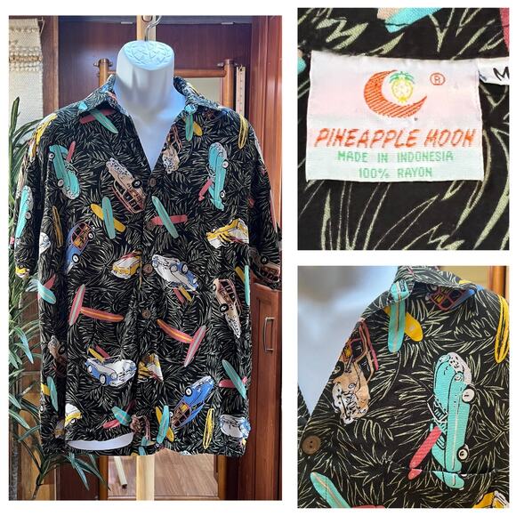 Vintage Pineapple Moon Hawaiian Shirt M | 90s Surf Cars Rayon Aloha Retro Black - Picture 8 of 8